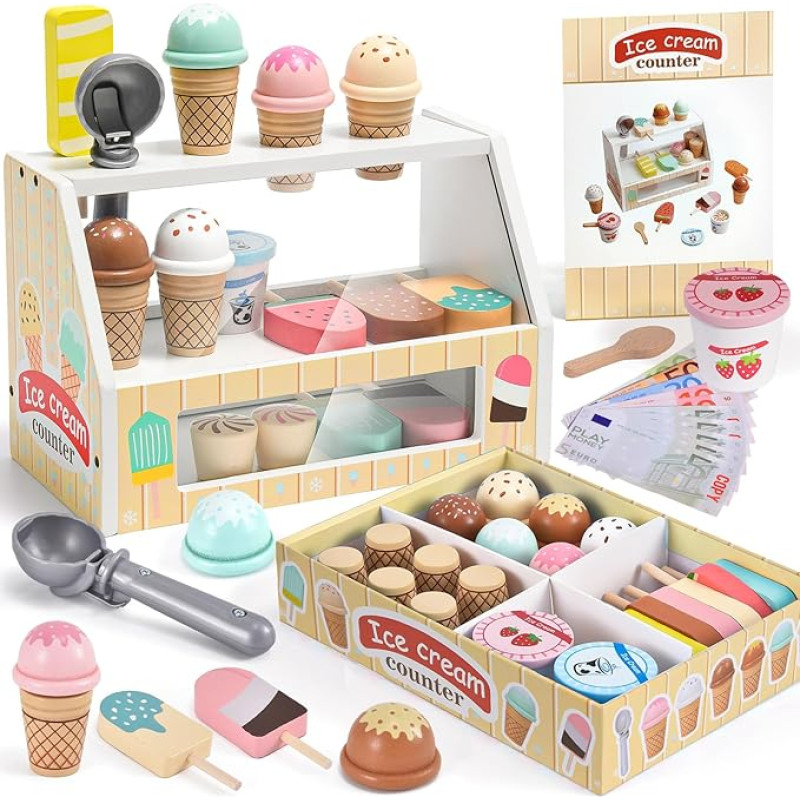 Atoylink Children's Wooden Shop Accessories - Merchant Shop Ice Shop Play Money Ice Cream Stand Ice Cream Toy Gift for Girls 3-6 Years