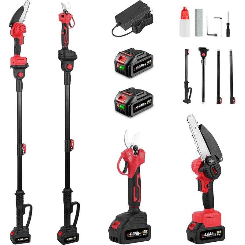 ONEVAN Battery Pruner and Lopper with Telescopic Handle, 4-in-1, Brushless 6 Inch Battery Chainsaw + 25 mm Battery Pruning Shears + 200 mm Telescopic Rod, 180° Adjustable Angle, with 2 4.0Ah Batteries