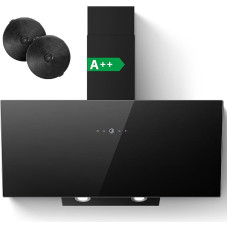 SNDOAS A++ Cooker Hood Black, Extractor Hood 90 cm Recirculation, 700 m³/h Wall Hood, Activated Carbon Filter for Extract/Recirculation Operation, 3 Levels + Booster, 1-9 min Delay, LED Lighting