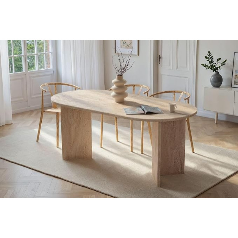 Elegantiškas valgomojo stalas, travertino spalvos, 180 x 75 x 89,5 cm, 25 mm storio, 100 % melaminu dengta medžio drožlių plokštė, puikiai tinka modernioms valgomojo erdvėms