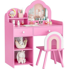 MAMIZO vaikiško tualetinio staliuko rinkinys, debesies formos vaikiškas tualetinis staliukas su veidrodžiu, taburete, stalčiais ir spintelėmis, princesės medinis tualetinis staliukas, 73,5 x 40 x 90,5 cm, rožinės spalvos