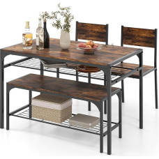 GIANTEX valgomojo stalas su 2 kėdėmis ir suolu, virtuvės stalas, valgomojo stalas su lentyna, pramoninis valgomojo komplektas iš medžio ir metalo, valgomojo grupės sėdimųjų vietų komplektas, valgomojo stalo komplektas 4 asmenims