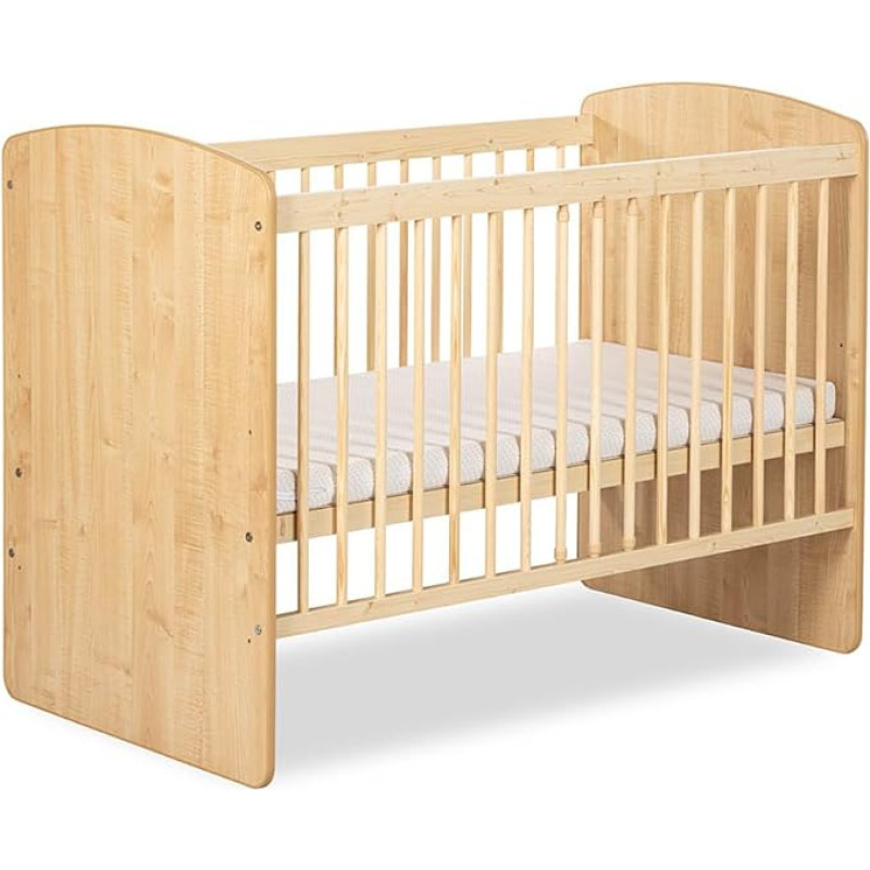 KMbaby K2 Kūdikio lova iš natūralaus medžio 120 x 60 cm su lamelių rėmu - kūdikio lovytės lova, reguliuojamo aukščio 3 lygiais - natūrali pušies mediena ir MDF