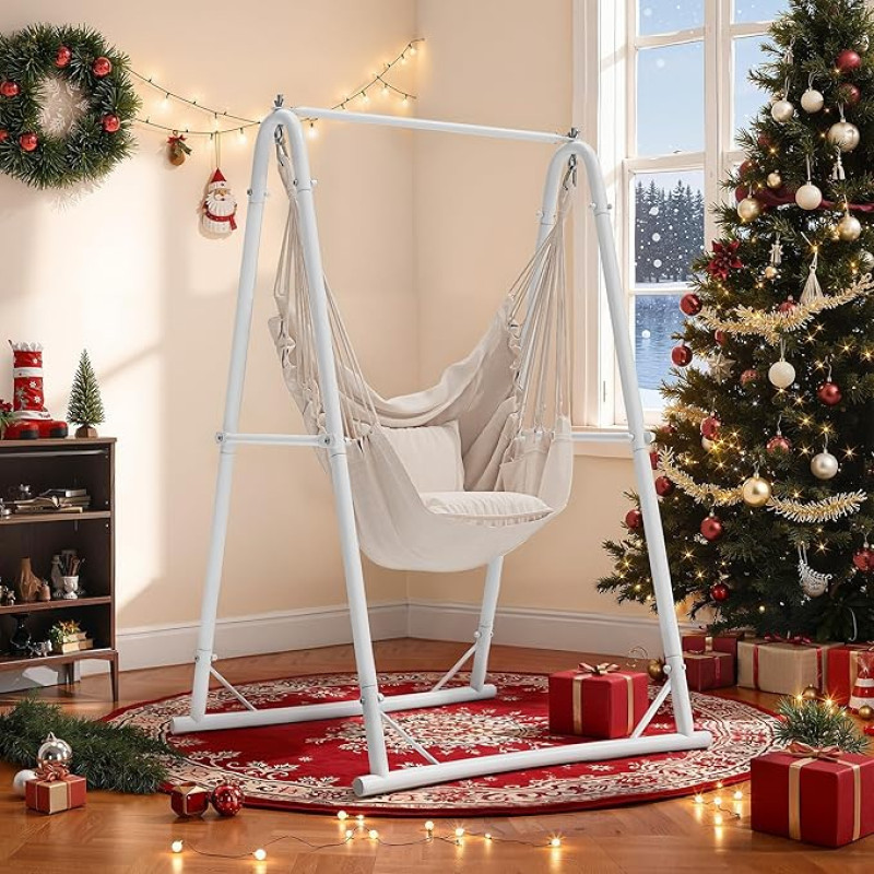 YITAHOME Kabantis krėslas su rėmu, maksimali apkrova 150 kg, tvirtas plieninis rėmas, kabančios sūpynės su pagalvėle, kabantis krėslas su 2 kabliais terasai, balkonui ir sodui