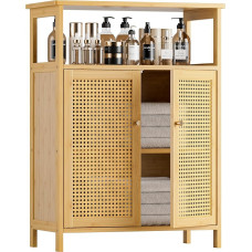 HITNET rotango vonios kambario spintelė, bambuko vonios kambario spintelė su dvigubomis durimis, laisvai pastatoma grindų spintelė, šoninis vonios kambario, virtuvės, svetainės organizatorius, natūralus