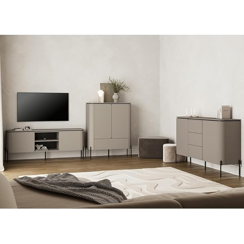 Svetainės baldų komplektas Svetainės baldai su žemutine, šonine ir aukštąja lenta, modernaus stiliaus, pilkai smėlio spalvos, 3 dalys, suapvalinti priekiai, atidaromi stumdomuoju būdu, metalinės kojelės