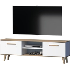 GERMAN TV spintelė Lowboard 160 cm Skandinaviško dizaino balto ąžuolo TV spintelė, skirta televizoriams iki 70 colių su durelėmis ir lentynomis