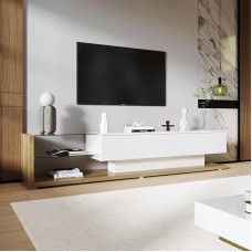 MSMOK TV spintelės, žemos spintelės, blizgūs svetainės baldai. Kintamas LED apšvietimas ir stiklinės pertvaros. Joje dera natūralus, kaimiškas stilius ir modernus dizainas. (Balta ir mediena)