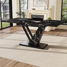 DRIXNO teleskopinis valgomojo stalas (120-160 x 75 cm), prailginamas iki 120-160 cm vidiniais intarpais, valgomojo stalas su juodo marmuro raštu