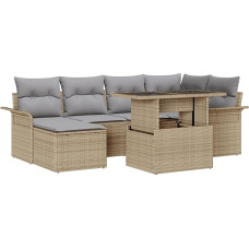 Rantry 7-teiliges Garten-Sofa-Set mit Kissen Beige Poly Rattan Gartenlounge Modelis3348316