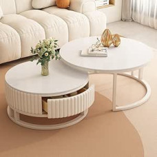 MDXVRKYBC Kavos staliukas Baltas kavos staliukas Apvalus 2 modernių svetainės staliukų rinkinys Apvalus sofos staliukas Kavos staliukų rinkinys su stalčiumi, 50 + 70 cm apvalus staliukas svetainei, balkonui ir biurui