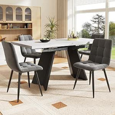 NADEUSAK Esstischset 160×80×75cm,Ausziehbares Essgruppe (5-TLG) für 4 Personen,Weißer Esstisch mit Flache Tischbeine,4 Grauer Samt-Esszimmerstuhl