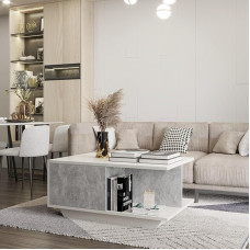 Kavos staliukas, modernus svetainės staliukas su praktiška laikymo vieta, blizgus baltas stalviršis, modernus ir elegantiškas centrinis staliukas arbatai ir kavai (blizgus betonas)