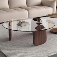 EASYSOUL Moderner runder Couchtisch mit Glasplatte, 70 cm T x 70 cm B x 37,3 cm H, runde Teetische für Wohnzimmer, Zuhause, Büro, industrielle Cocktailtische (Walunt-klares Glas/70 cm)