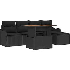 6-teiliges Garten Sofa Set mit Kissen in Schwarz Poly-Rattan und Akazie, 2-Sitzer Garten Sofa mit Kissen in Schwarz Poly-Rattan Gartenlounge Modelis3349449