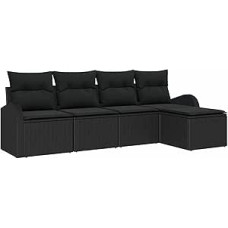 5-teiliges Garten-Sofa-Set mit Kissen Schwarz Poly-Rattan, 2-Sitzer Garten-Sofa mit Stauraum & Kissen Schwarz Poly-Rattan Gartenlounge Modelis3354672