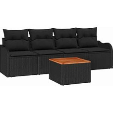 5-teiliges Garten Sofa Set mit Kissen Schwarz Poly Rattan Akazie, 2-Sitzer Garten Sofa mit Kissen Schwarz Poly Rattan Gartenlounge Modelis3347387