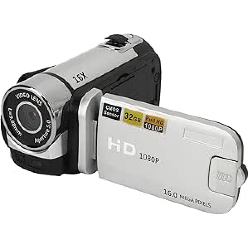 Akozon Skaitmeninė vaizdo kamera, 1080P 16MP skaitmeninis fotoaparatas, 2,4 colio sukamas ekranas, 16 kartų priartinantis HD vaizdo įrašymo įrenginys su apšvietimu (sidabrinis)
