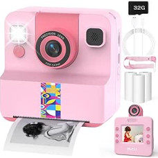 Vaikų momentinis fotoaparatas, 1080P momentinio spausdinimo fotoaparatas vaikams, 180° pasukamas asmenukės objektyvas su 32 GB SD kortele - dovana berniukams ir mergaitėms (3-12 metų), rožinis