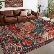 Carpet-QJDDUP short pile rug 120 x 160 cm Colorful red orange yellow green brown pattern patchwork Vintage geometric check design rugs for living room bedroom children's room kitchen dining room