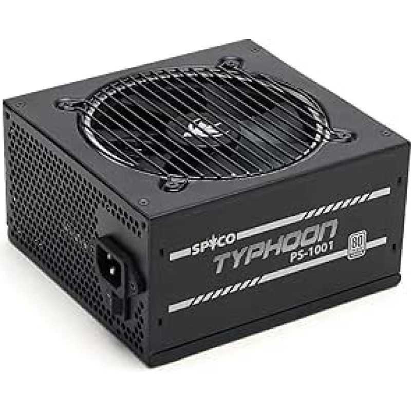 SPYCO Typhoon PS-1001, 1000 W žaidimų maitinimo šaltinis, 80 PLUS Platinum, visiškai modulinis, 12V Single Rail, DC-DC grandinės, maitinimo blokas ATX, tylus ventiliatorius, kondensatoriai 105°C, PCIe 5.0 jungtis, 5 metų garantija