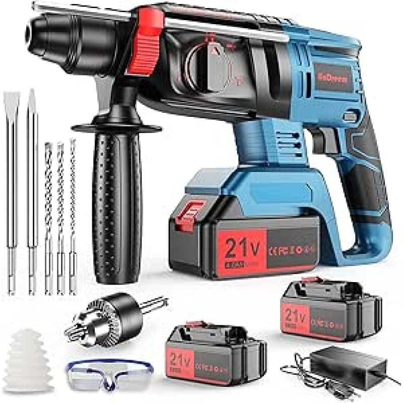 21 V 4000 mAh akumuliatoriaus baterija, SDS-plus adapteris (su gręžimo griebtuvu, skirtas plaktukiniams gręžtuvams), 