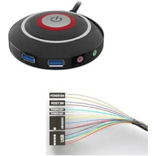 Kompiuterio įjungimo / išjungimo jungiklis, kompiuterio įjungimo mygtukas su 2 USB prievadais, 1 garso lizdu, 1 mikrofono prievadu, staliniu išoriniu kompiuterio maitinimo mygtuku