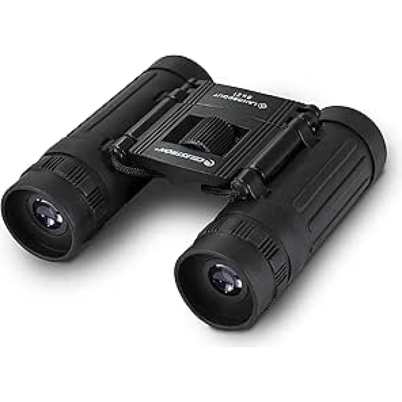 Celestron 72350 LandScout 8 x 21 mm vandeniui atsparūs stoginės prizmės žiūronai su gumine rankena, padengtu objektyvu, K9 optiniu stiklu, kaklo dirželiu ir minkštu dėklu, juodos spalvos