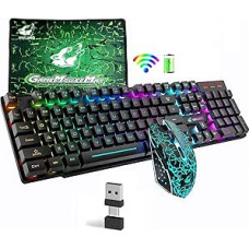 Vaivorykštės apšviesta belaidė klaviatūra 2.4G įkraunama mechaninė 104 klavišų žaidimų klaviatūra + 2400DPI 6 klavišų optinė vaivorykštės LED žaidimų pelė + pelės pagalvėlės