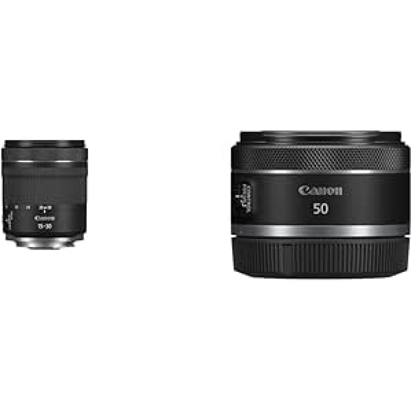 CANON objektyvas RF 15-30 mm F4.5-6.3 is STM ir RF 50 mm F1.8 STM objektyvas, kompaktiškas ir lengvas, didelis šviesos intensyvumas 1:1.8, suderinamas su visais 