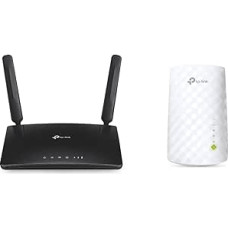TP-Link Archer MR200 Cat4 + AC750 Mbps dviejų dažnių 4G LTE WLAN maršrutizatorius, juodas ir WLAN stiprintuvo kartotuvas RE200 (433 Mbps 5 GHz, 300 Mbps 2,4 GHz dvigubas WLAN AC+N, WLAN stiprintuvas, LAN prievadas), baltas