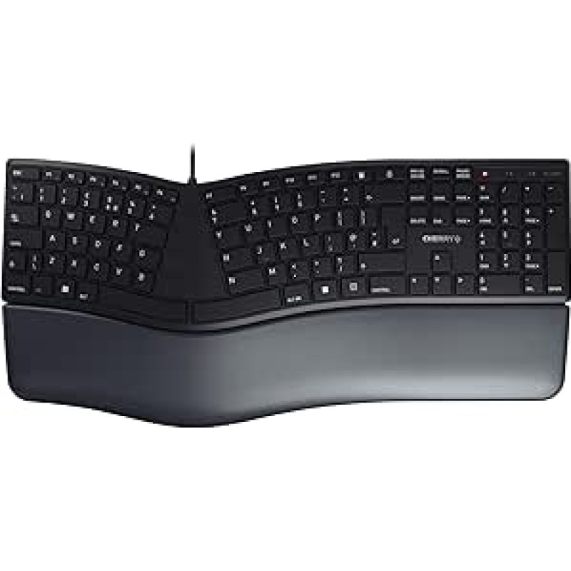 CHERRY KC 4500 Ergo, ergonominė klaviatūra, UK išdėstymas (QWERTY), laidinė, atminties putų riešo atrama, išlenkta klaviatūra, juoda