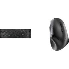 CHERRY KW 9100 plona belaidė klaviatūra, vokiškas išdėstymas, QWERTZ klaviatūra, juodai sidabrinė ir MW 4500, belaidė pelė, ergonomiška dešiniarankė pelė, 45° dizainas, juoda