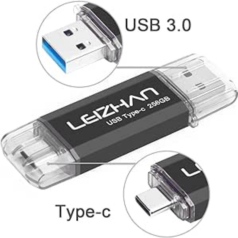 LEIZHAN USB atmintinė 256GB C tipo atminties kortelė OTG Memory Stick 2-in-1 Flash Drive USB 3.0 rašiklinis diskas, skirtas asmeniniam kompiuteriui, nešiojamajam kompiuteriui ir kitiems USB-C įrenginiams (256GB, juoda)