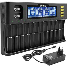 18650 akumuliatorių įkroviklis, JIUWIIL 12+2 įlankų greito įkrovimo universalus akumuliatorių įkroviklis su LCD ekranu, skirtas įkraunamoms Li-Ion LiFePO4 26650 17500 16340 18650 14500 10440 ir 9V baterijoms