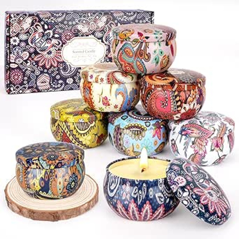 Kvapiųjų žvakių dovanų rinkinys, 8 vnt. kalėdinių žvakių Kvapiųjų žvakių rinkinys su mediniu pagrindu, 135 valandų degimo laikas Dovanų žvakės iš natūralaus sojų vaško, dovanos Kalėdoms, mažos dovanos moterims