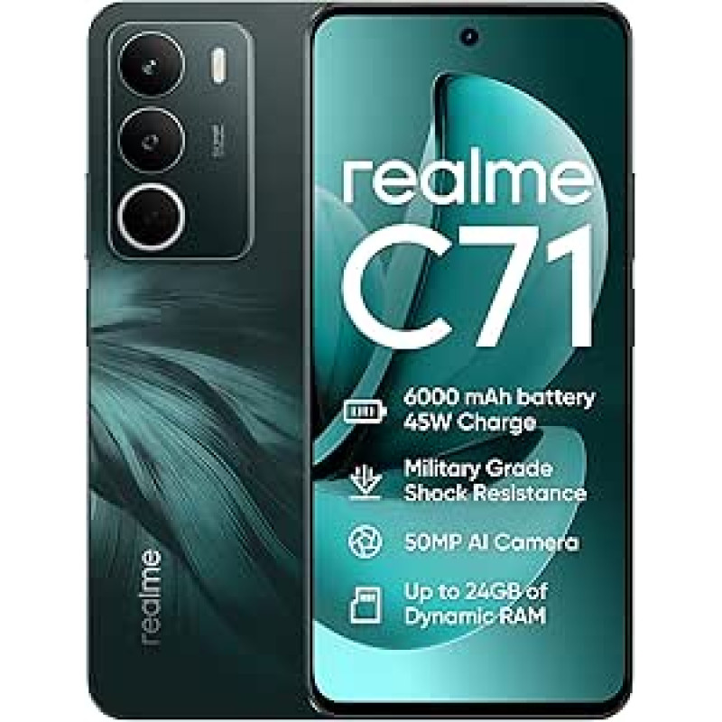 realme C71 4G išmanusis telefonas 8+256GB, Bosko mikrofonas, 6,67 milimetrų skersmens, 120 Hz dažnis, 45 W greitasis maitinimas, 6000 mAh akumuliatorius, 50 MP fotokamera, galingas 8 branduolių procesorius, IP54