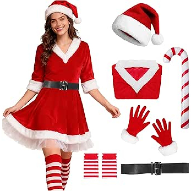 Moterų Kalėdų Senelio kostiumas, Kalėdų kostiumo rinkinys su kepure, pirštinėmis, kojinėmis, Moterų Kalėdų Senelio kostiumas, Kalėdų Cosplay