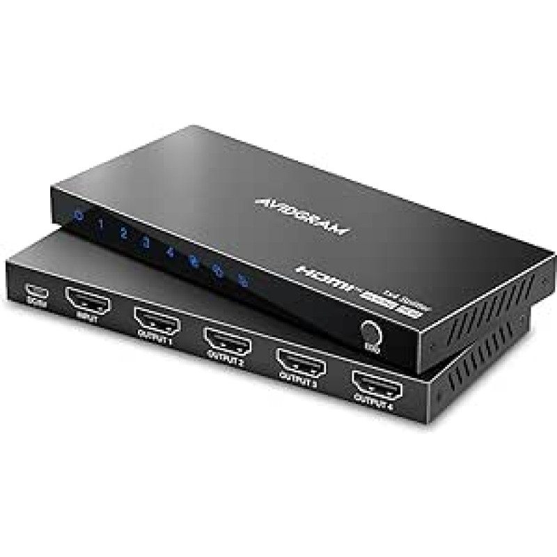 HDMI skirstytuvas 1 įėjimas 4 išėjimai 4K 60Hz 4:4:4, AVIDGRAM HDMI skirstytuvas 4 prievadai su kopijavimo, mažinimo, automobilio funkcija, skirtas dviems identiškiems ekranams 1080p 120Hz HDMI2.0 HDCP 2.2 HDR10 18Gbps 3D