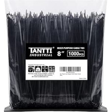 Cable Ties, 8 Inch Black, Pack of 1000, Wire Ties with 50lb Tensile Strength, UV Resistant Cable Ties, Self-Locking Plastic Ties for Indoor and Outdoor Use, by Tantti.