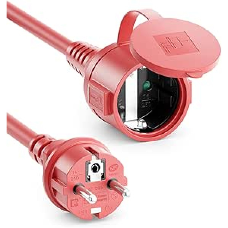 deleyCON 10 m lauko ilginimo kabelis Maitinimo kabelis IP44 (H07RN-F 3G1,5 mm²) Maitinimo ilginimo kabelis, atsparus oro sąlygoms, skirtas naudoti lauke - apsauginis kištukas su kištukiniu lizdu - raudonas