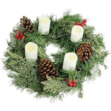 Gartenpirat Artificial Christmas Wreath Diameter 40 cm with 4 LED Candles Advent Wreath Decorated with Cones and Red Berries
