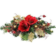 Artificial Fir Topper with Red Amaryllis Berries Cones LED Lighting Warm White 43 x 10 x 20 cm Christmas Decoration Table Decoration Advent Decoration Battery Operated for Christmas