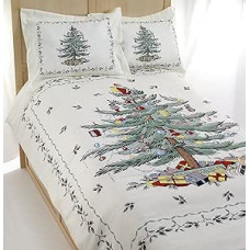 Spode - King Duvet Cover Set 3 Piece Bedding Set with Matching Pillowcases Holiday Room Decor Christmas Tree Ivory King