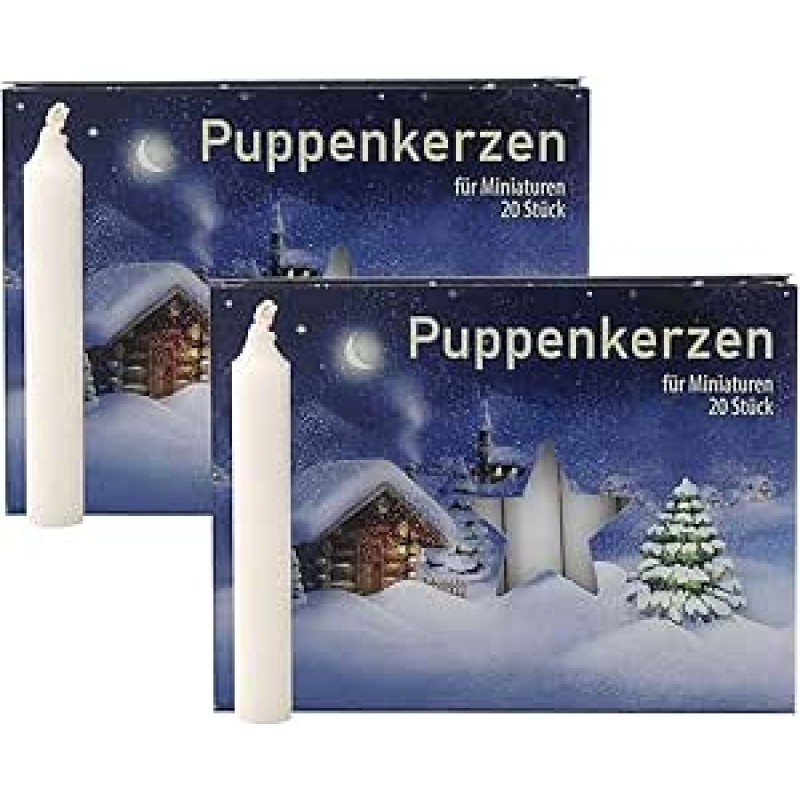 Pakuotė iš 2 lėlių žvakių baltos spalvos, maždaug 10 x 65 mm (2 x 20 vnt.) Lėlių žibintai Miniatiūrinės žvakės Kalėdinės žvakės