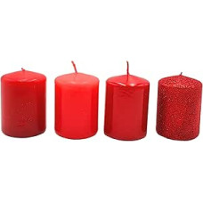 Dekohelden24 Advento žvakės, stulpinės žvakės, advento vainiko žvakės, stalo žvakės, blokinės žvakės, stalo žvakės, advento žvakės raudonos spalvos - raudonos spalvos blizgučiai, 4 vnt., D/W/H 5 x 5 x 7 cm