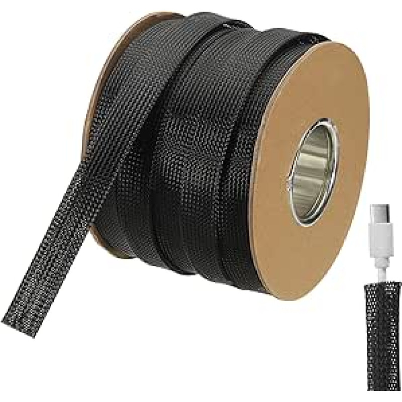 sourcing map 46 m - 2,5 cm erweiterbare geflochtene Kabelhülse, PET-Kabel-Management, Kabelschutz, Drahtwickel-Webstuhlschlauch für TV, Computer, Büro, Heimgeräte, Schwarz