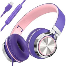 Wired Headphones with Microphone & Volume Control - (Upgraded) Type-C Wired Headphones, On-Ear Headphones with Wire, Plug in Headphones for Laptop, Wired Headphone Over Ear Purple/Pink