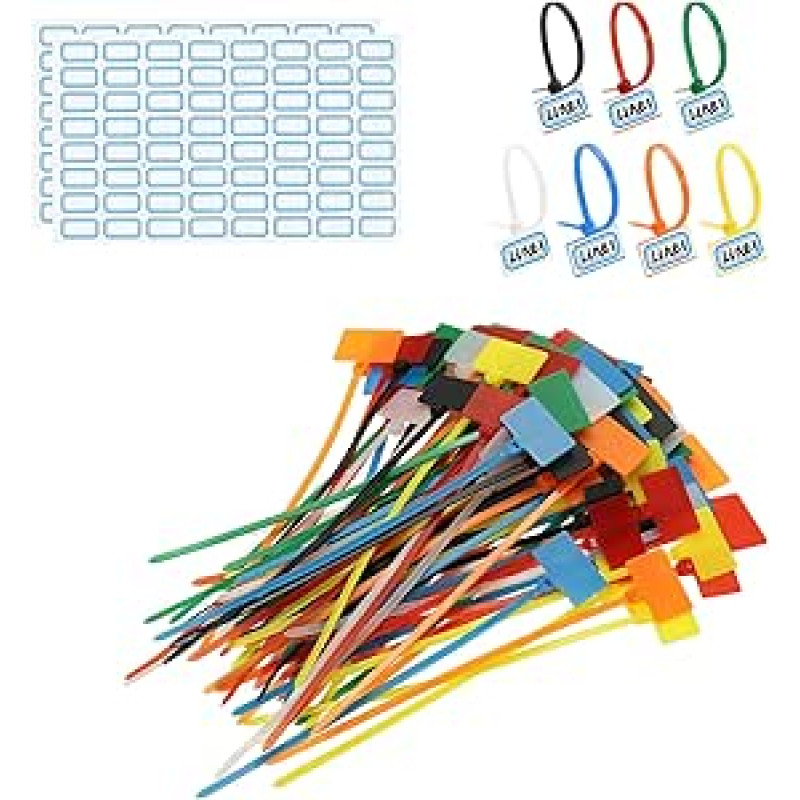 PATIKIL 6 colių kabelių raiščiai, 100 kabelių raiščių etikečių pakuotė Nailono laidų žymėjimo etiketės Savarankiškai rišamos plastikinės juostos, kurias galima rašyti su popieriumi, skirtos kabeliams organizuoti, 7 spalvos