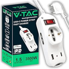 V-TAC Multiple Socket USB C Power Delivery 20 W + Port + 2 Side Sockets 10/16 A Bypass and 1 Frontal 10/16 A Bypass Schuko - Power Strip Type C - Socket for Home, Office